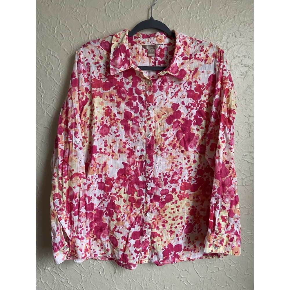 White Stag Womens XL Cotton Watercolor Floral Roll Tab Button Up Shirt Pink Art